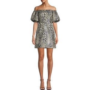 🔥Aidan Mattox Metallic Leopard Off-the-Shoulder Puff Sleeve Mini Dress